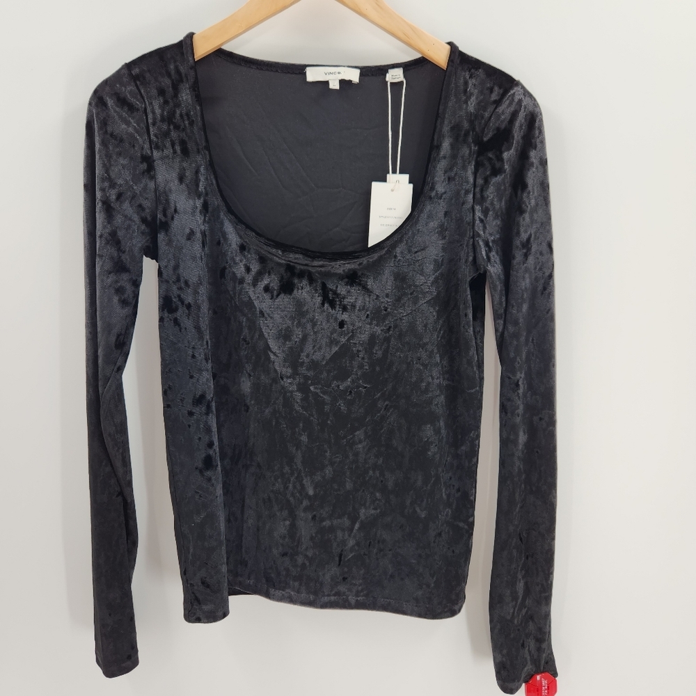 Vince Square Neck Black Velour Long Sleeve Top Womens Size Medium